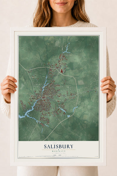 Map of Salisbury, Maryland, 18 x 24 inch print in a white wood frame