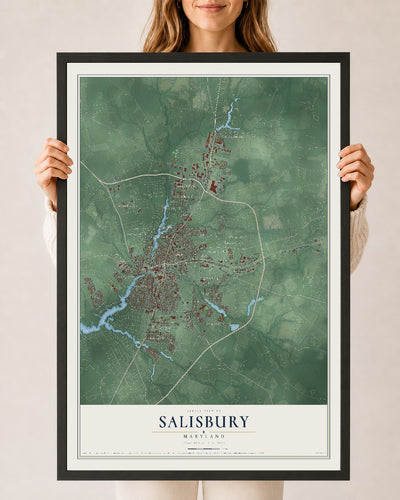 Map of Salisbury, Maryland, 24 x 36 inch print in a black wood frame