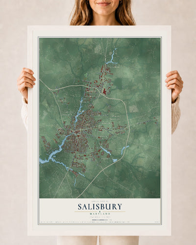 Map of Salisbury, Maryland, 24 x 36 inch print in a white wood frame