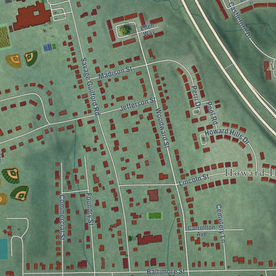 Close-up of the map of Savage, Maryland print showing street and building detail