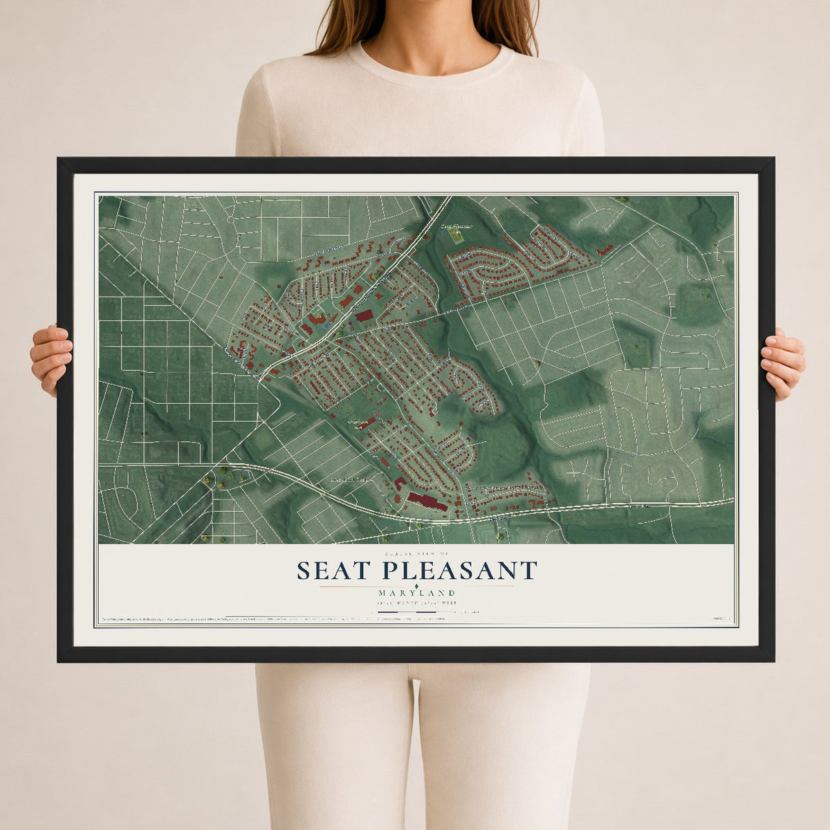 Map of Seat Pleasant, Maryland, 24 x 36 inch print in a black wood frame