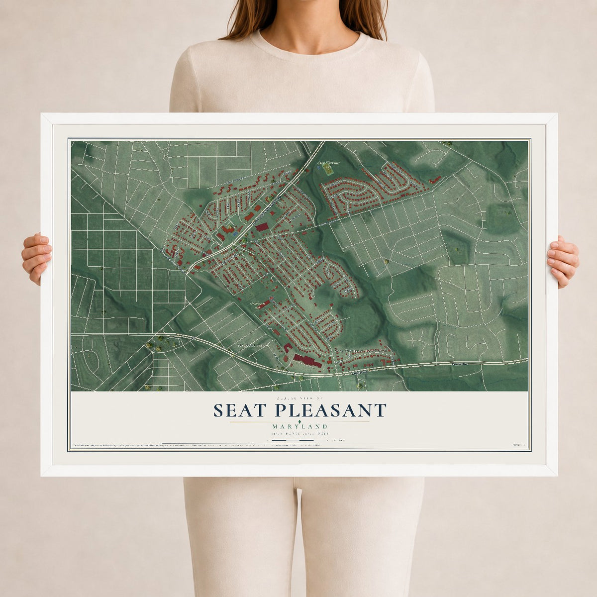 Map of Seat Pleasant, Maryland, 24 x 36 inch print in a white wood frame