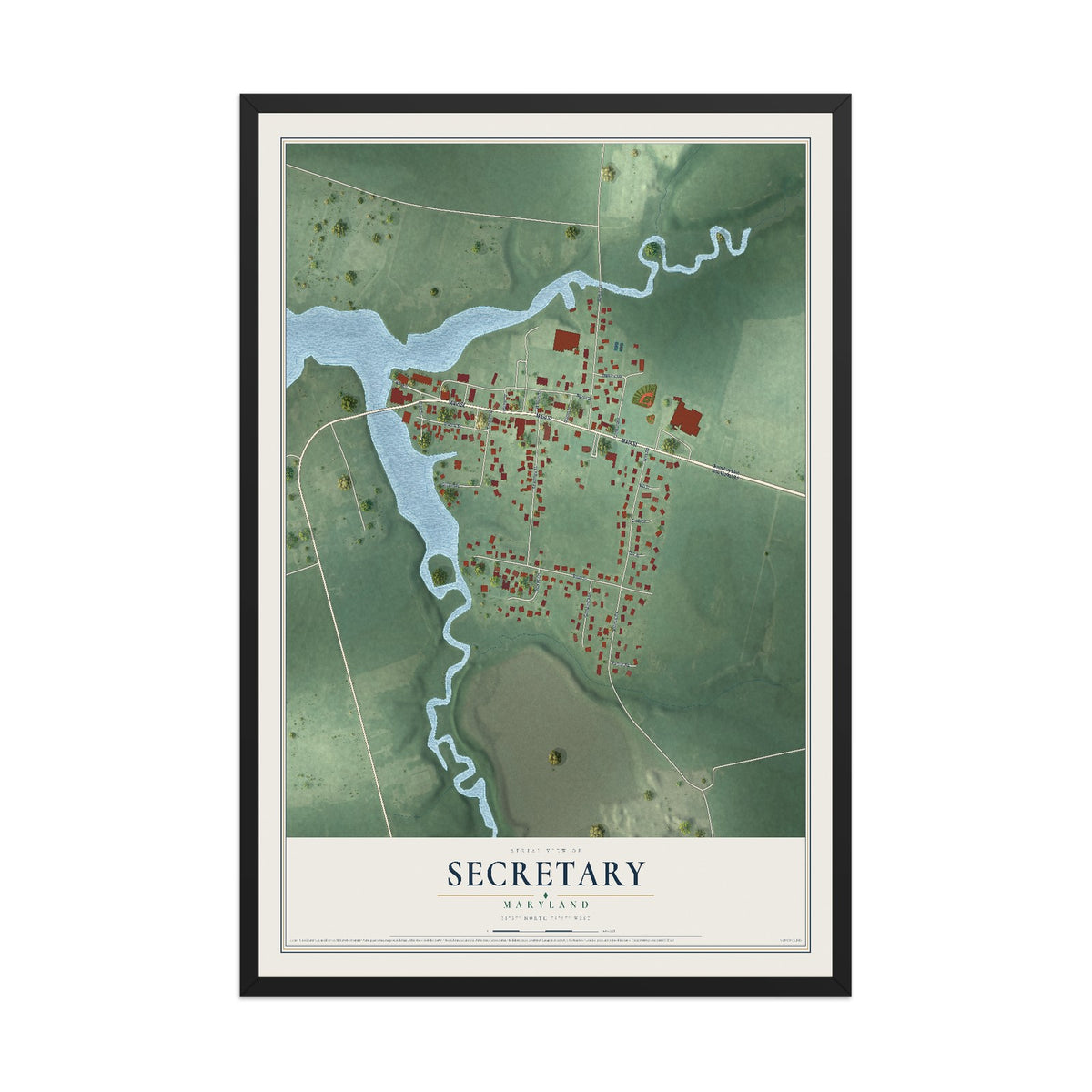 Map of Secretary, Maryland, 12 x 18 inch print in a black wood frame