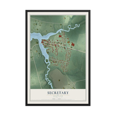 Map of Secretary, Maryland, 12 x 18 inch print in a black wood frame