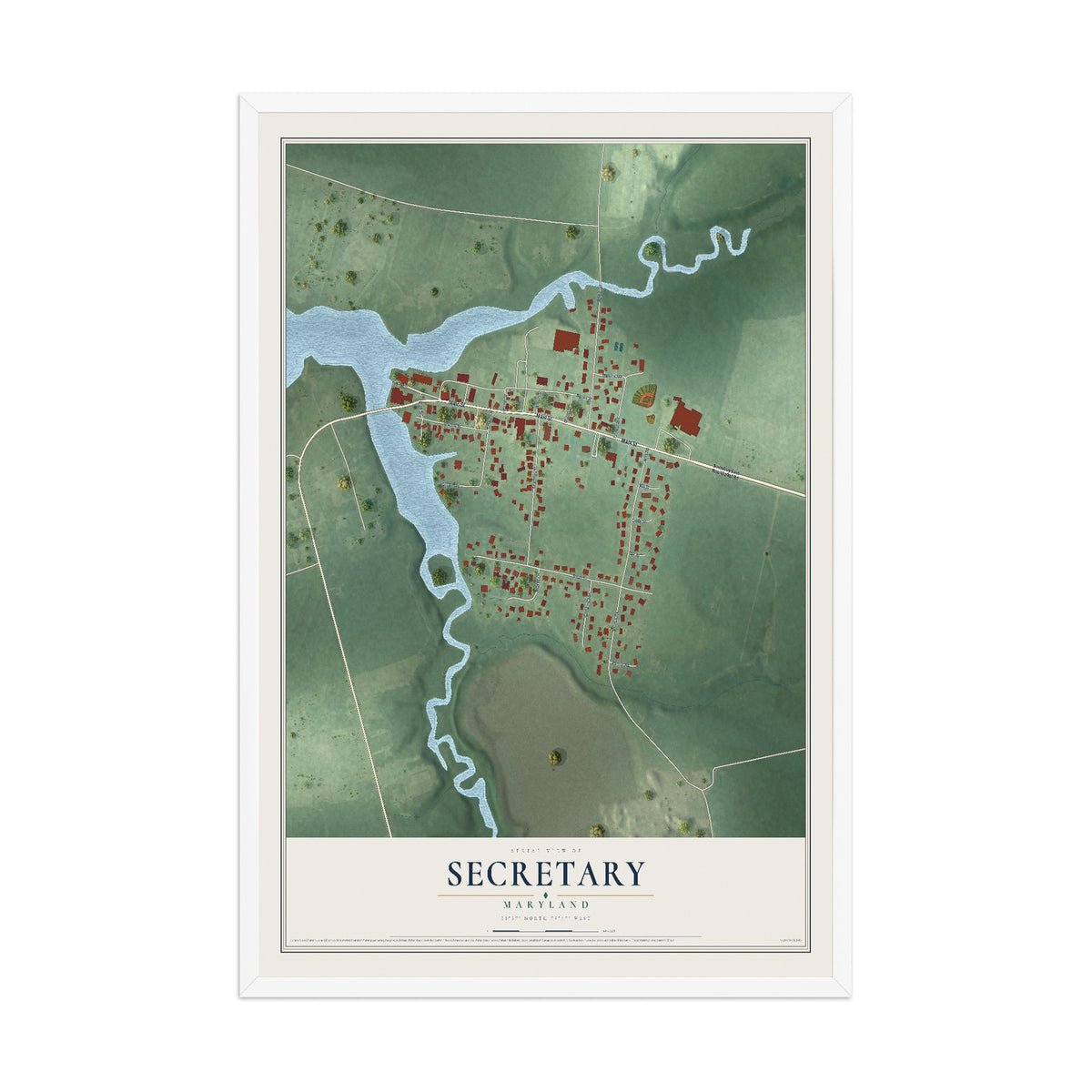 Map of Secretary, Maryland, 12 x 18 inch print in a white wood frame