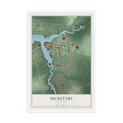 Map of Secretary, Maryland, 12 x 18 inch print in a white wood frame