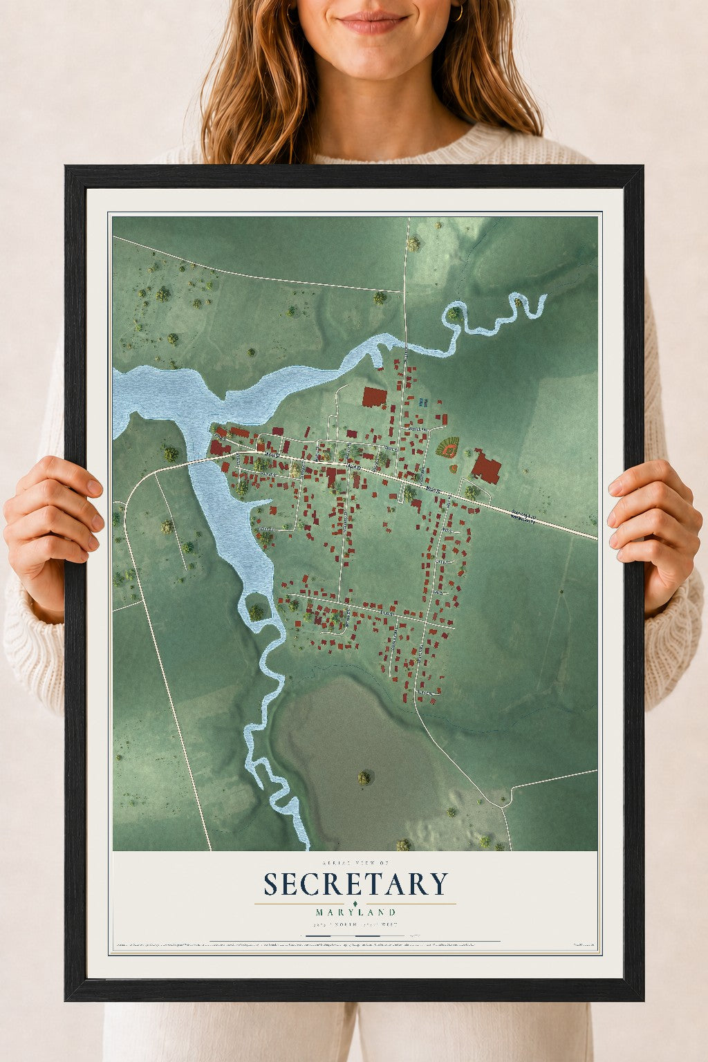 Map of Secretary, Maryland, 18 x 24 inch print in a black wood frame