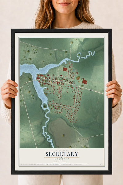 Map of Secretary, Maryland, 18 x 24 inch print in a black wood frame