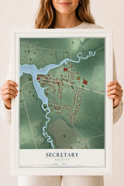 Map of Secretary, Maryland, 18 x 24 inch print in a white wood frame