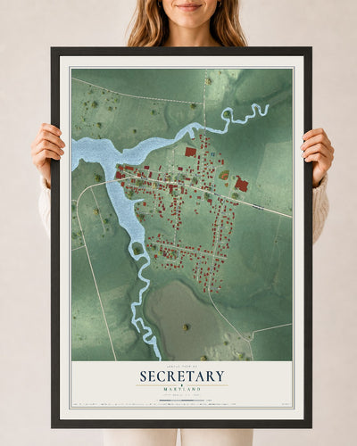 Map of Secretary, Maryland, 24 x 36 inch print in a black wood frame