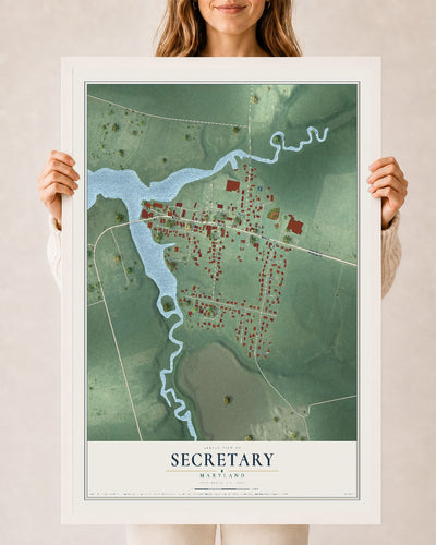 Map of Secretary, Maryland, 24 x 36 inch print in a white wood frame