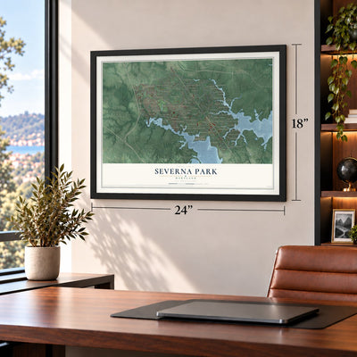 Severna Park, Maryland map, 18 x 24 inch print in a black frame in a home office