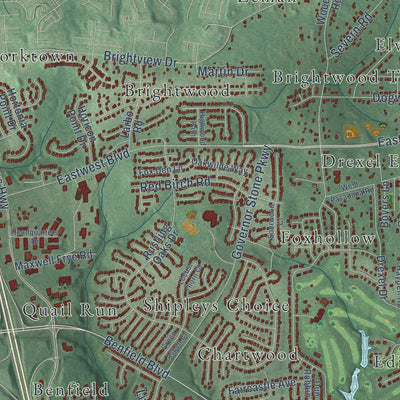 Close-up of the map of Severna Park, Maryland print showing street and building detail
