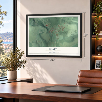 Shaft, Maryland map, 18 x 24 inch print in a black frame in a home office