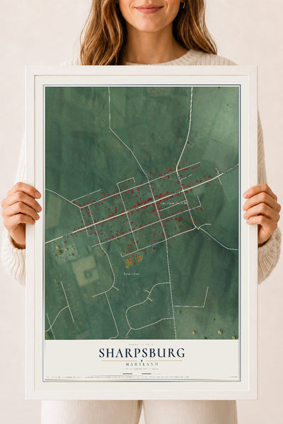 Map of Sharpsburg, Maryland, 18 x 24 inch print in a white wood frame
