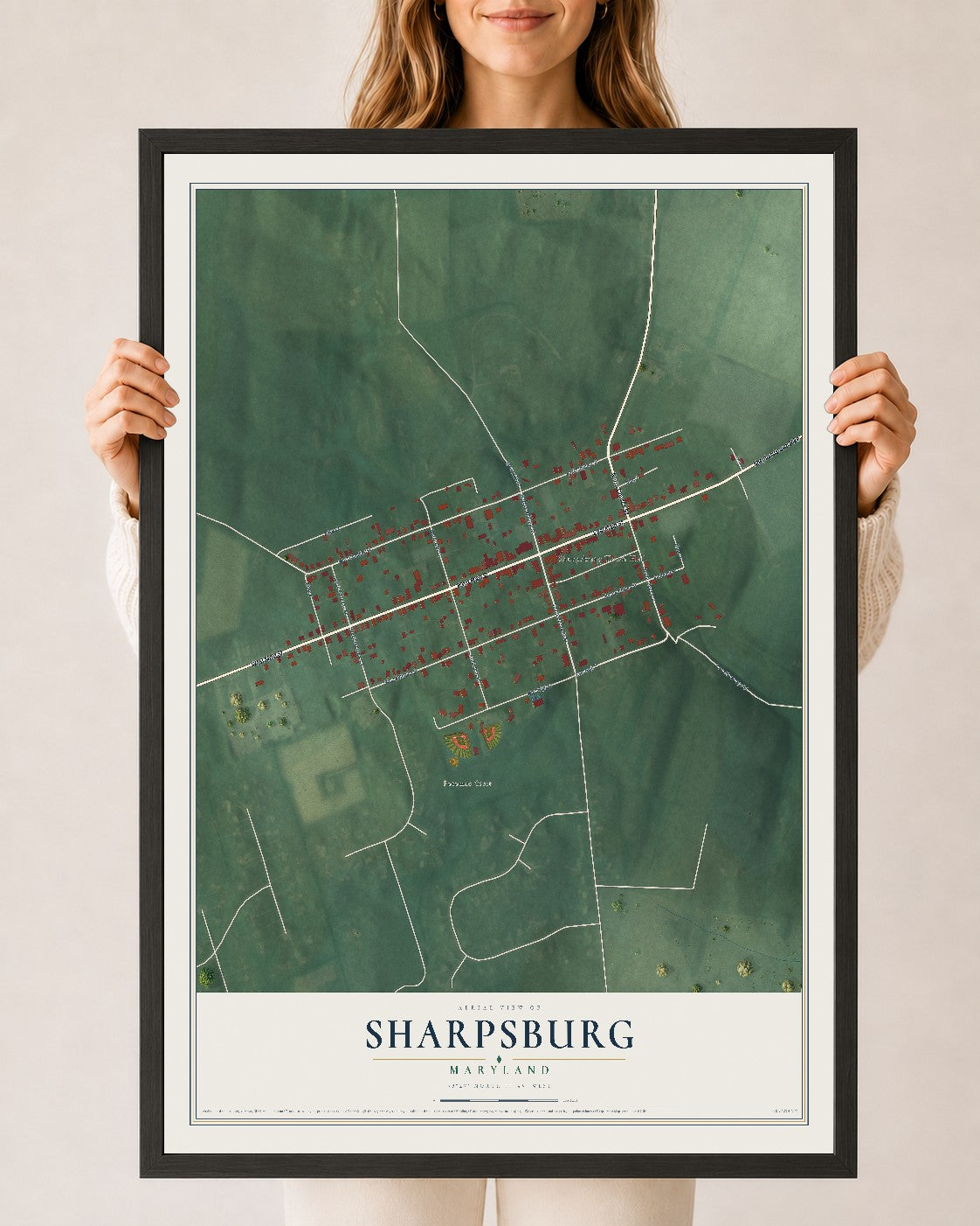 Map of Sharpsburg, Maryland, 24 x 36 inch print in a black wood frame