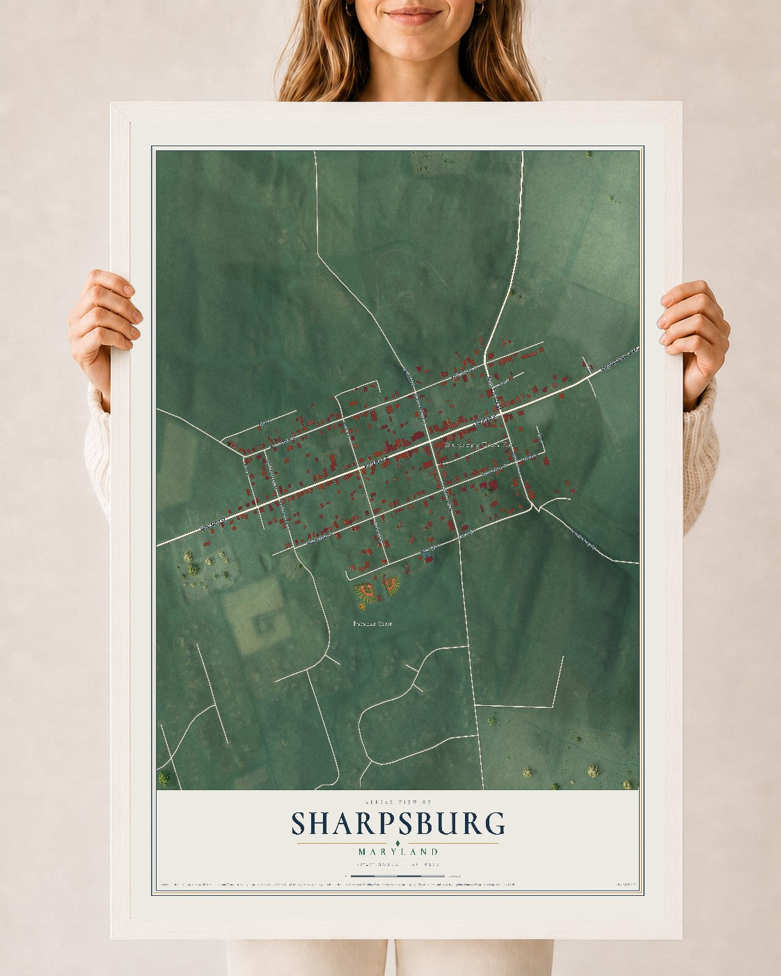 Map of Sharpsburg, Maryland, 24 x 36 inch print in a white wood frame