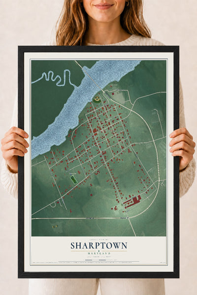 Map of Sharptown, Maryland, 18 x 24 inch print in a black wood frame