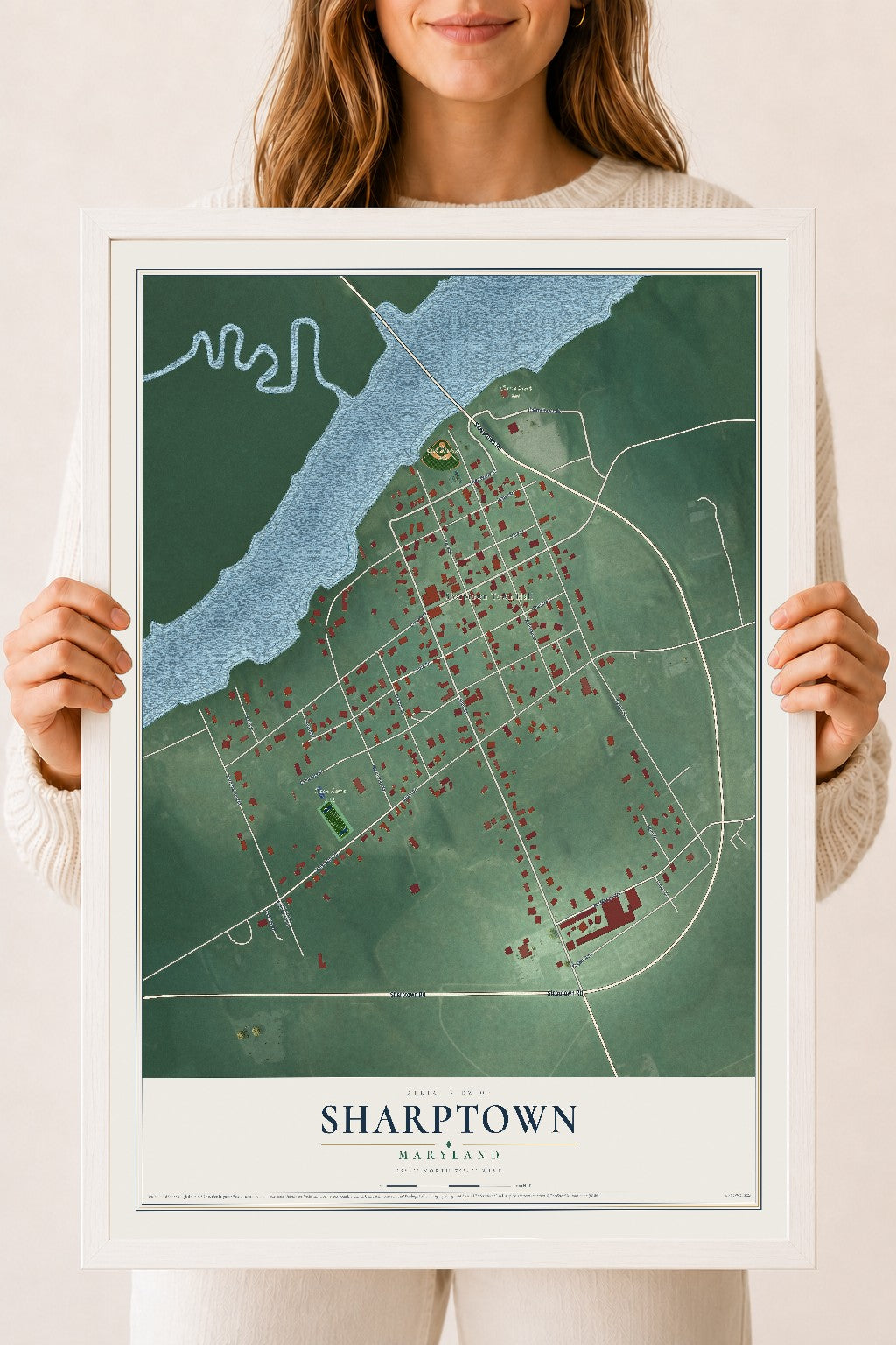 Map of Sharptown, Maryland, 18 x 24 inch print in a white wood frame