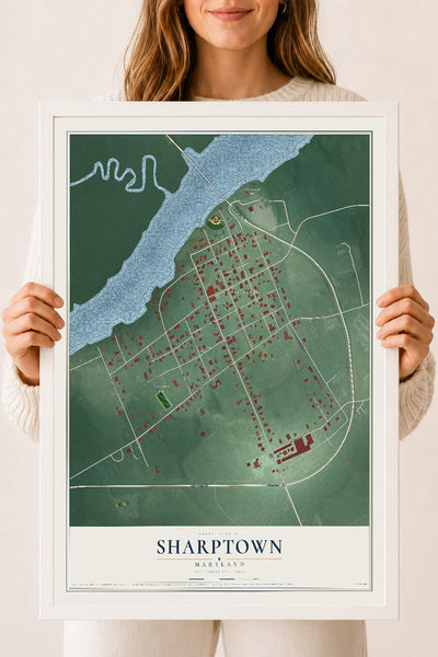 Map of Sharptown, Maryland, 18 x 24 inch print in a white wood frame