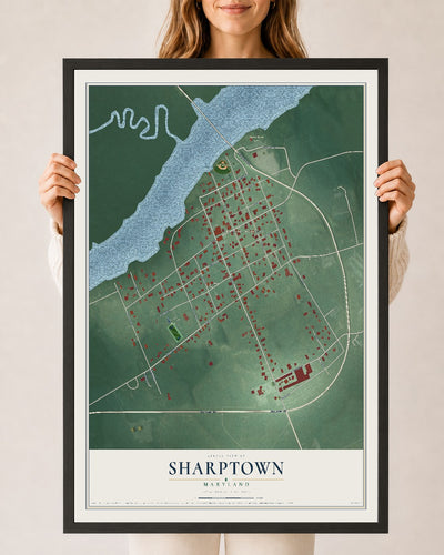 Map of Sharptown, Maryland, 24 x 36 inch print in a black wood frame