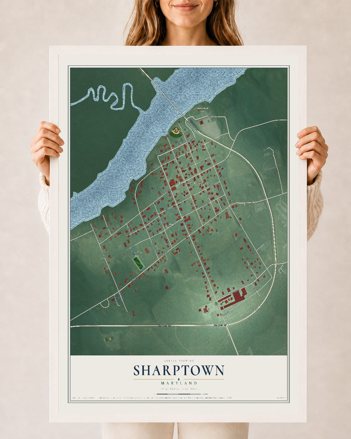 Map of Sharptown, Maryland, 24 x 36 inch print in a white wood frame