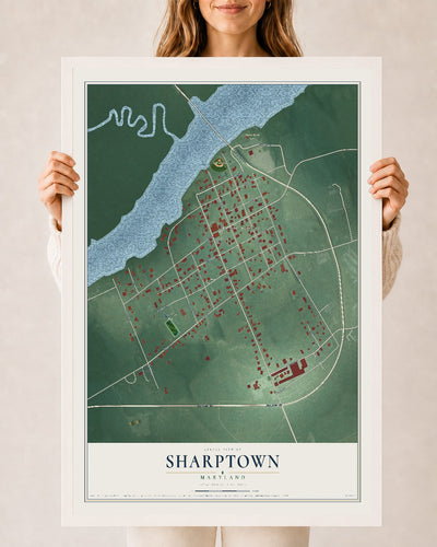 Map of Sharptown, Maryland, 24 x 36 inch print in a white wood frame