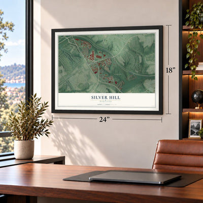 Silver Hill, Maryland map, 18 x 24 inch print in a black frame in a home office