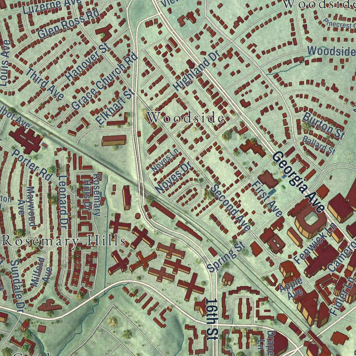 Close-up of the map of Silver Spring, Maryland print showing street and building detail