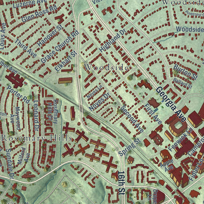 Close-up of the map of Silver Spring, Maryland print showing street and building detail