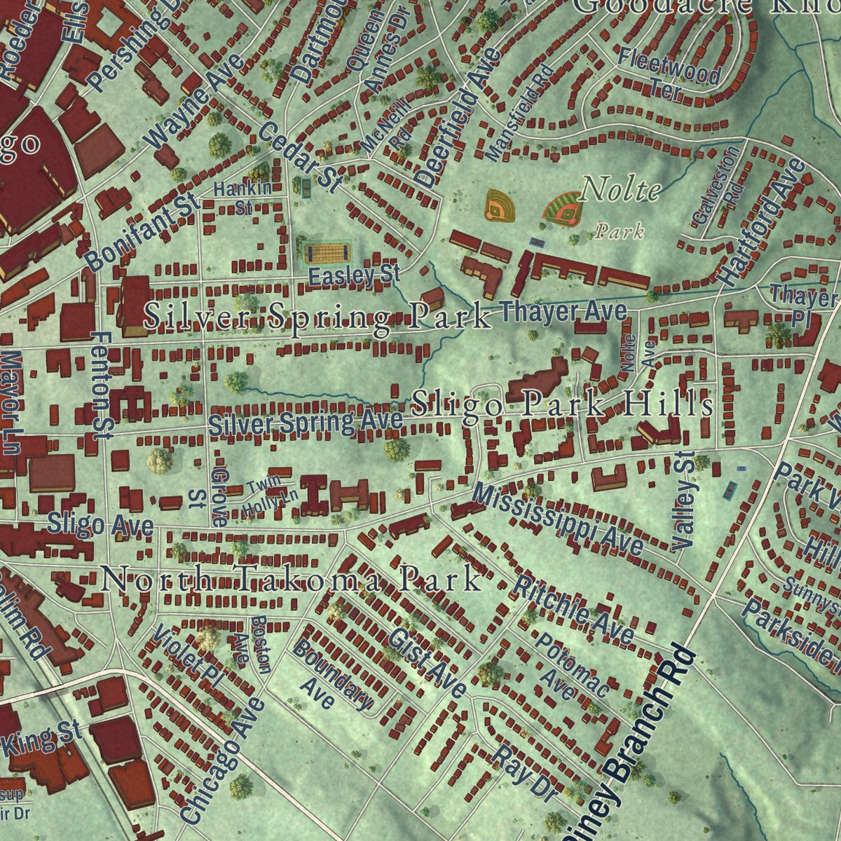 Second close-up of the map of Silver Spring, Maryland print showing more streets and buildings