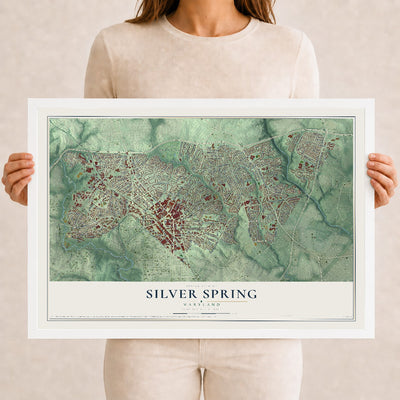Map of Silver Spring, Maryland, 12 x 18 inch print in a white wood frame