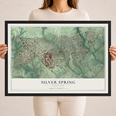 Map of Silver Spring, Maryland, 18 x 24 inch print in a black wood frame