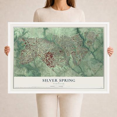 Map of Silver Spring, Maryland, 24 x 36 inch print in a white wood frame