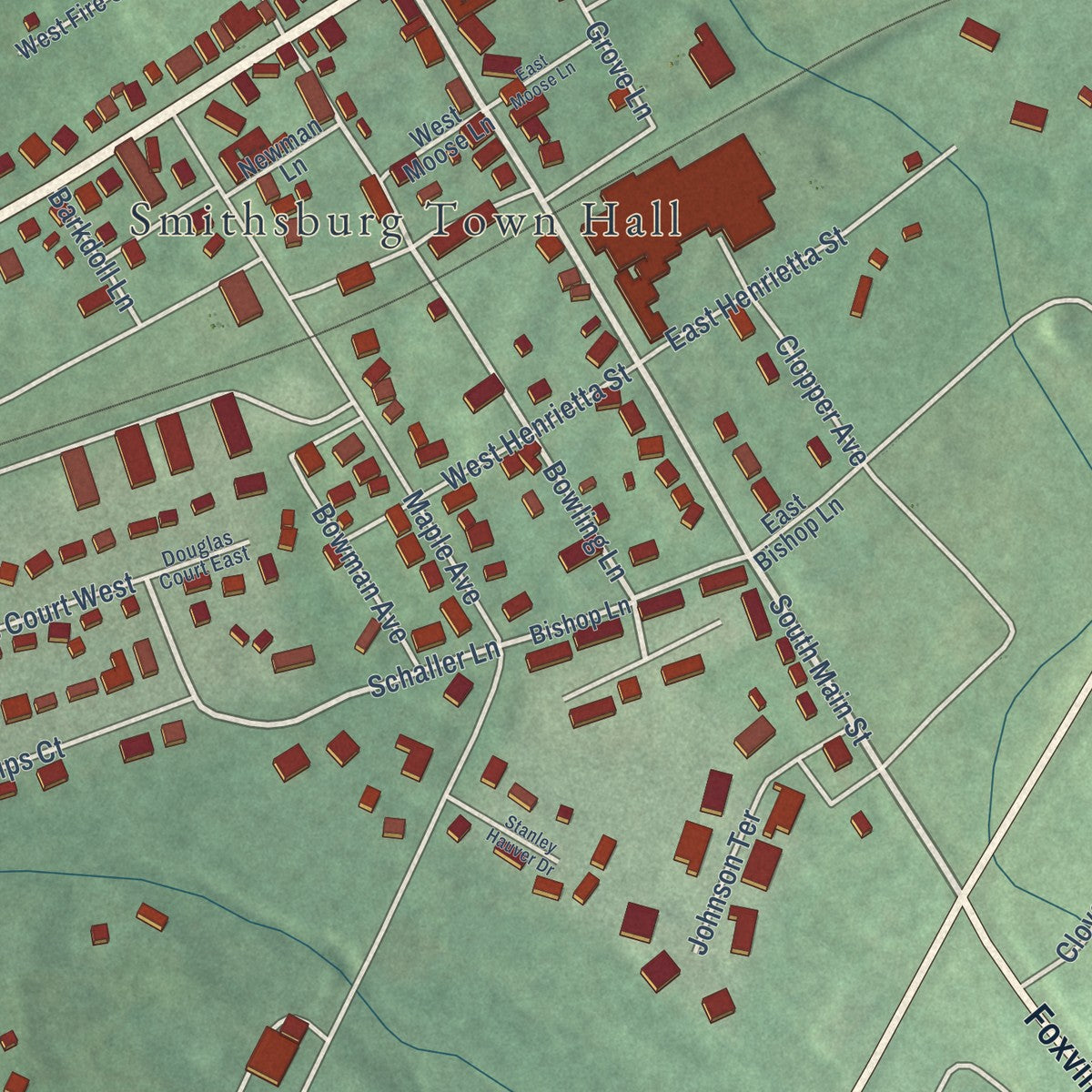 Close-up of the map of Smithsburg, Maryland print showing street and building detail