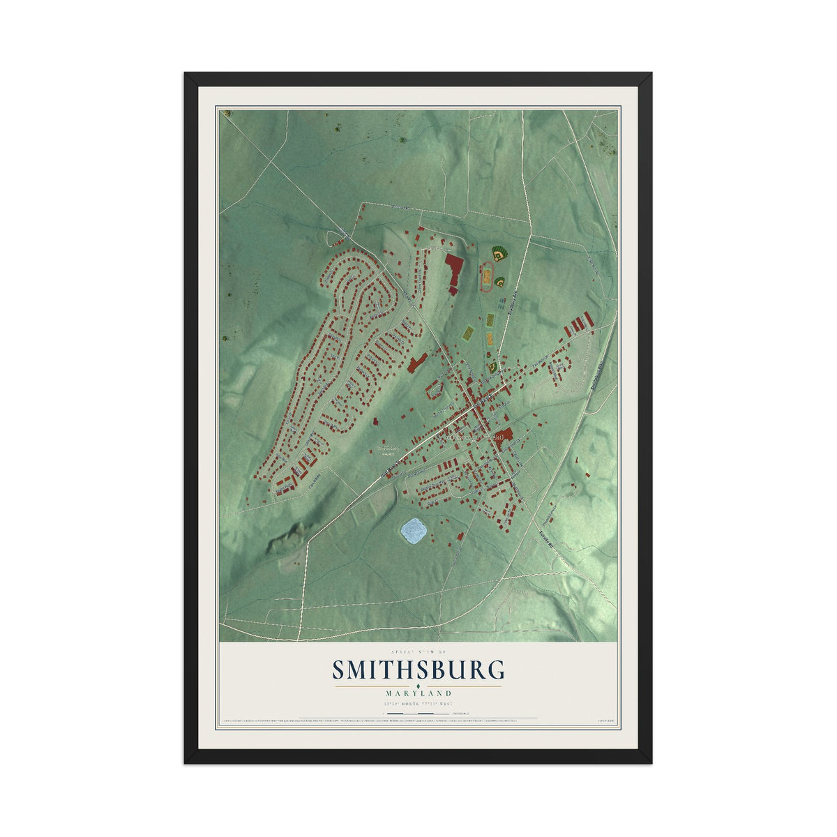 Map of Smithsburg, Maryland, 12 x 18 inch print in a black wood frame