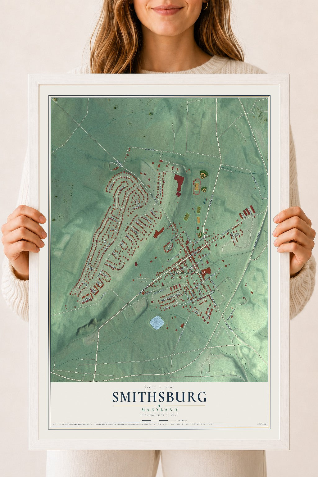 Map of Smithsburg, Maryland, 18 x 24 inch print in a white wood frame