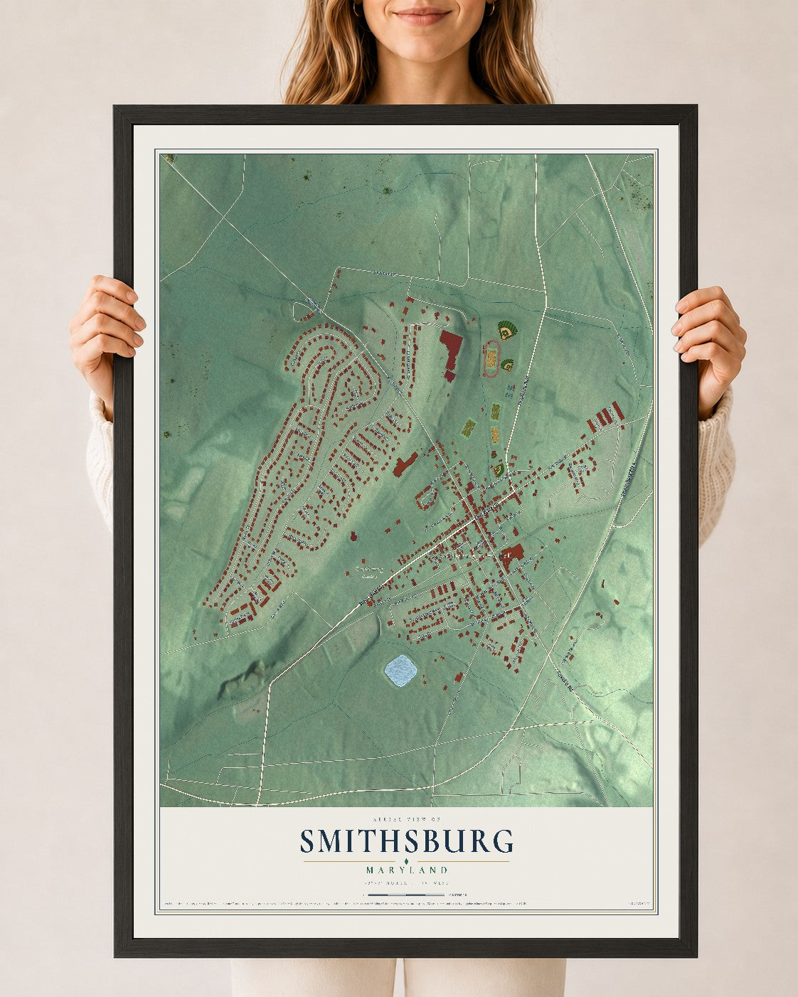 Map of Smithsburg, Maryland, 24 x 36 inch print in a black wood frame
