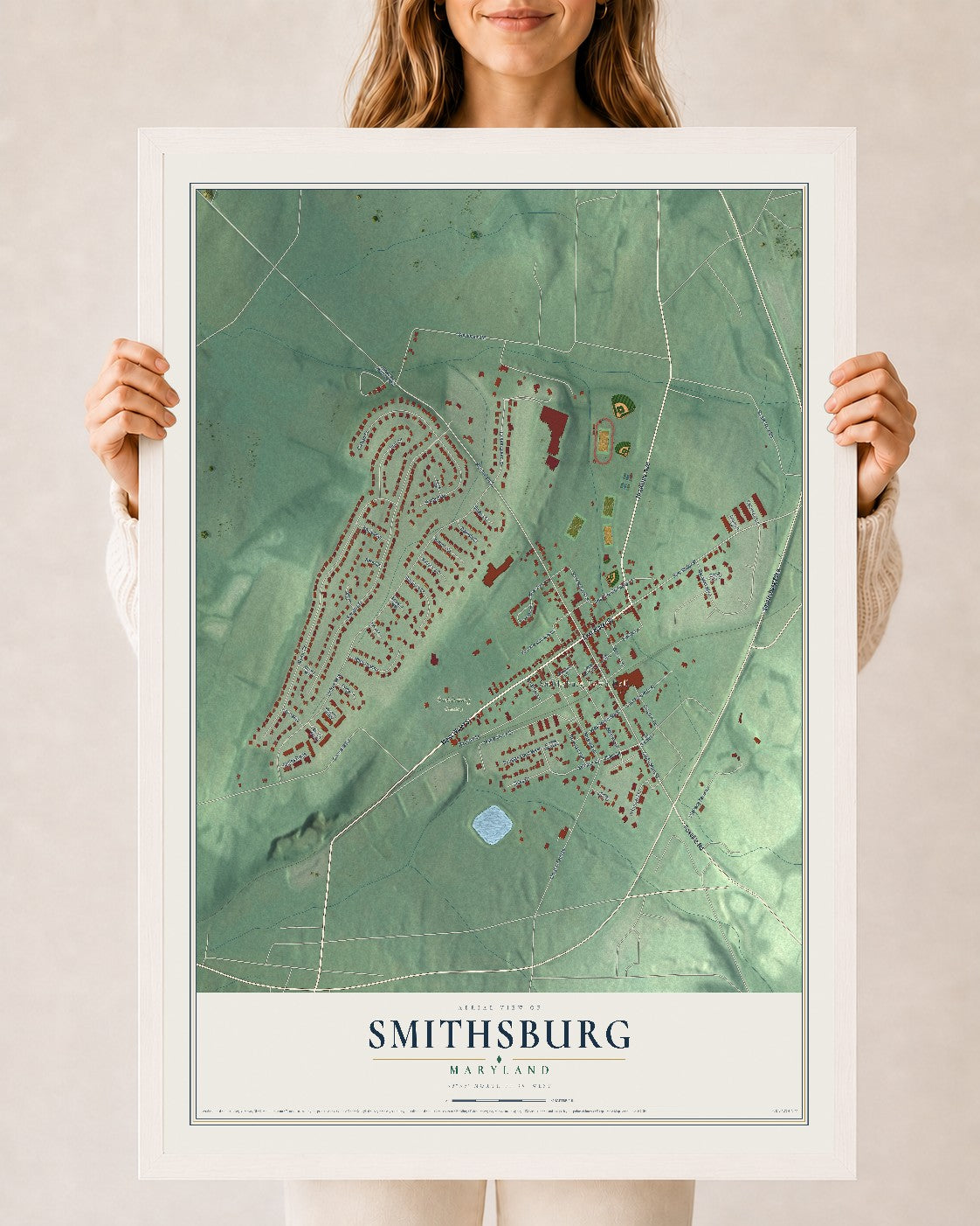 Map of Smithsburg, Maryland, 24 x 36 inch print in a white wood frame