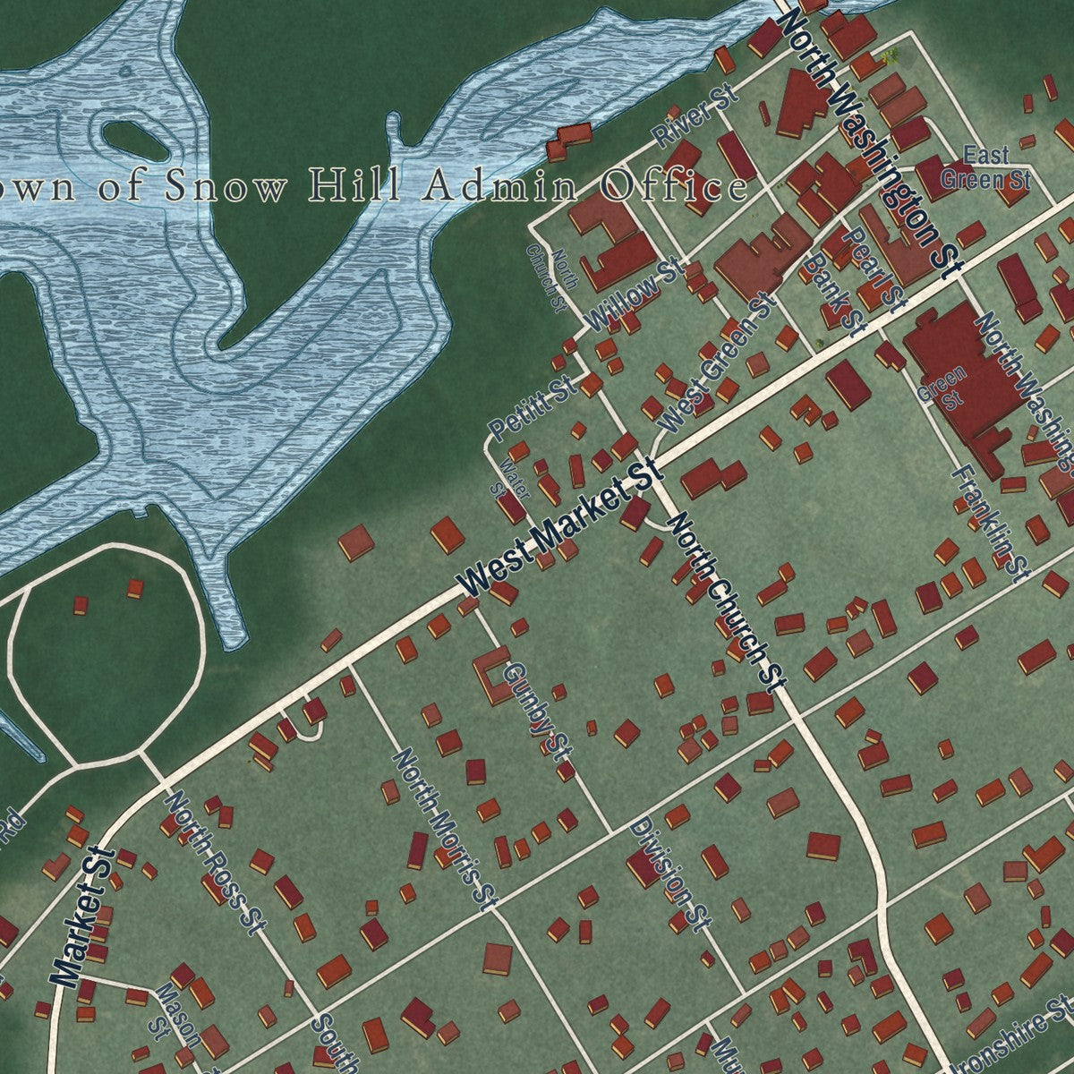Close-up of the map of Snow Hill, Maryland print showing street and building detail