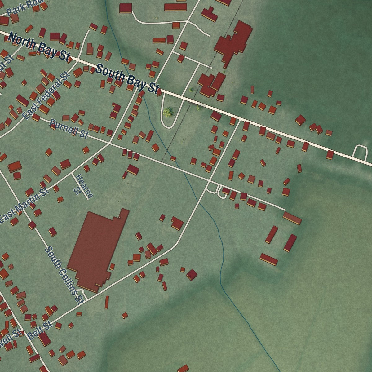 Second close-up of the map of Snow Hill, Maryland print showing more streets and buildings