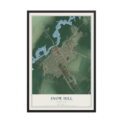 Map of Snow Hill, Maryland, 12 x 18 inch print in a black wood frame