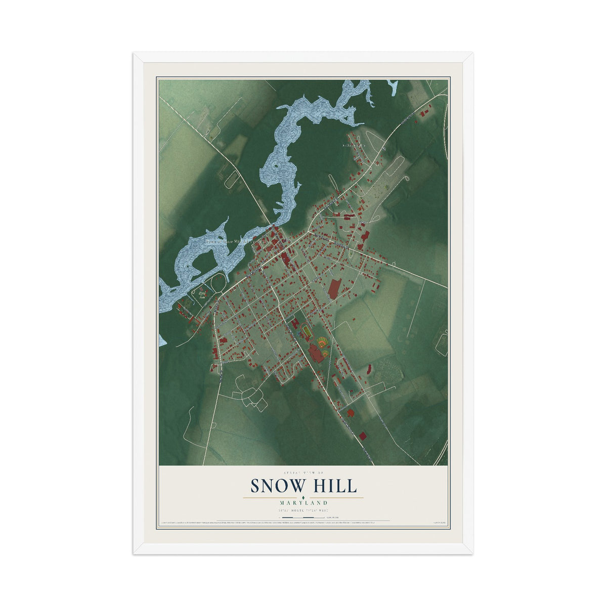 Map of Snow Hill, Maryland, 12 x 18 inch print in a white wood frame