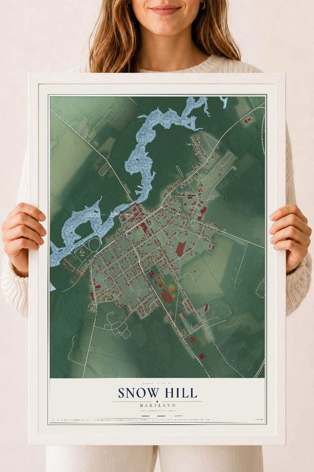 Map of Snow Hill, Maryland, 18 x 24 inch print in a white wood frame