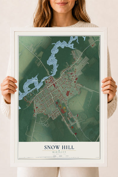Map of Snow Hill, Maryland, 18 x 24 inch print in a white wood frame