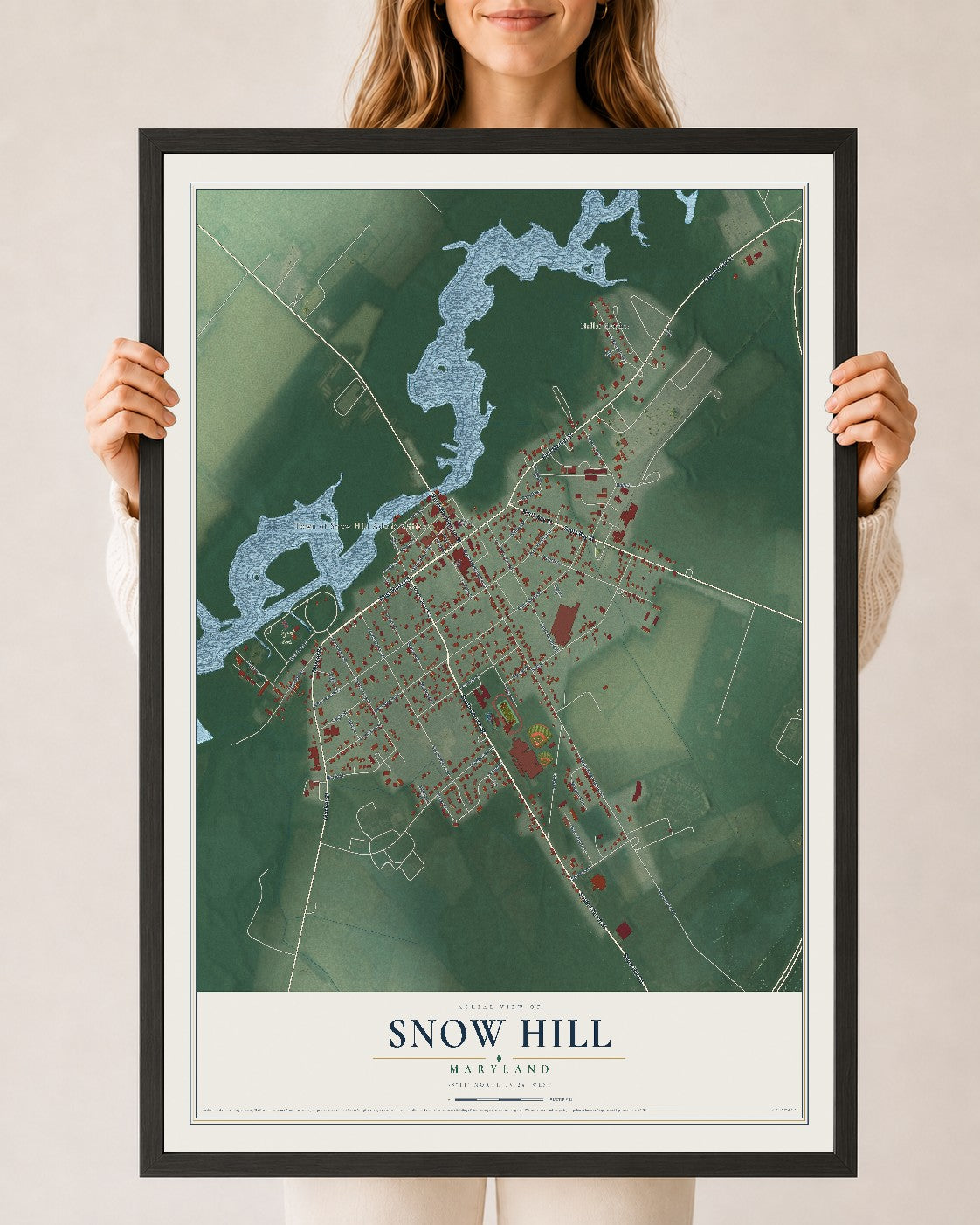 Map of Snow Hill, Maryland, 24 x 36 inch print in a black wood frame