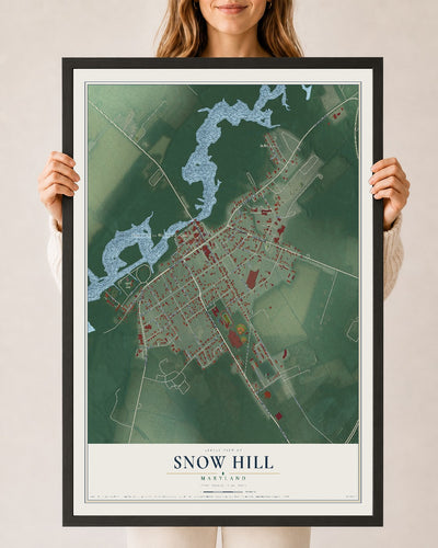 Map of Snow Hill, Maryland, 24 x 36 inch print in a black wood frame