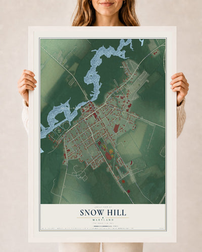 Map of Snow Hill, Maryland, 24 x 36 inch print in a white wood frame