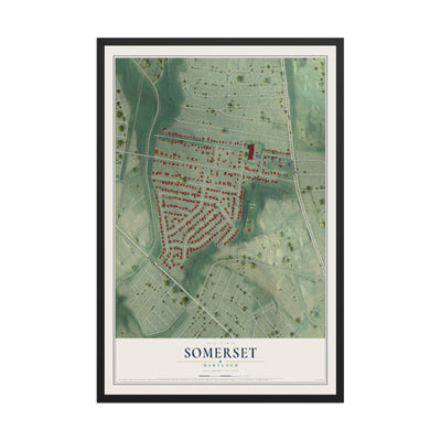 Map of Somerset, Maryland, 12 x 18 inch print in a black wood frame