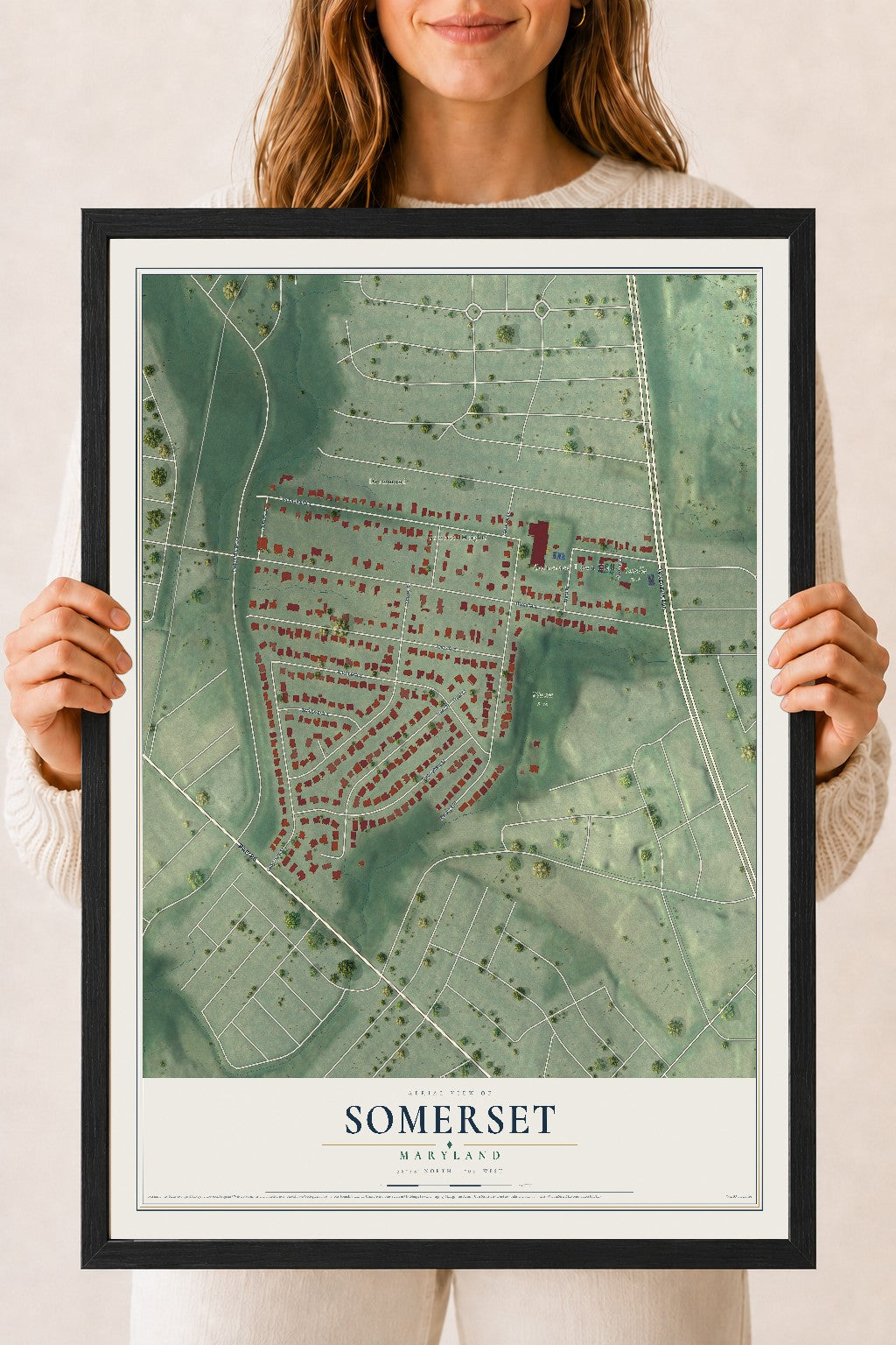 Map of Somerset, Maryland, 18 x 24 inch print in a black wood frame